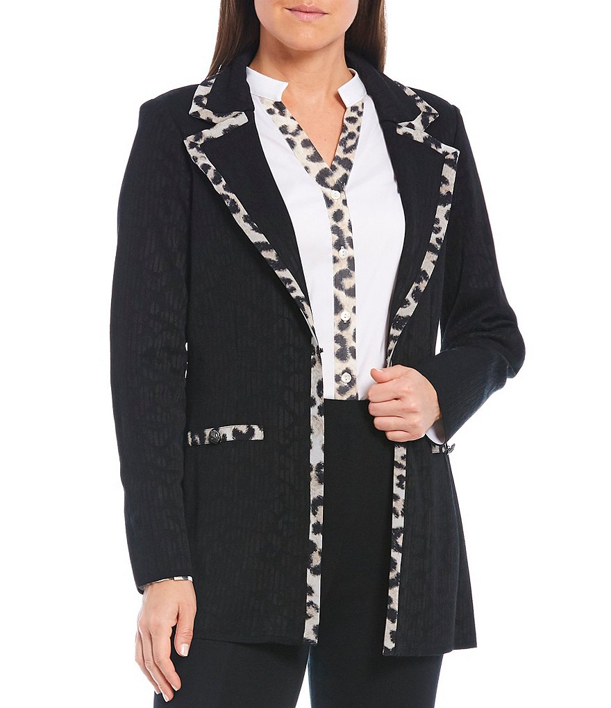 Ming Wang Cheetah Print Contrast Trim Notch Lapel Jacket