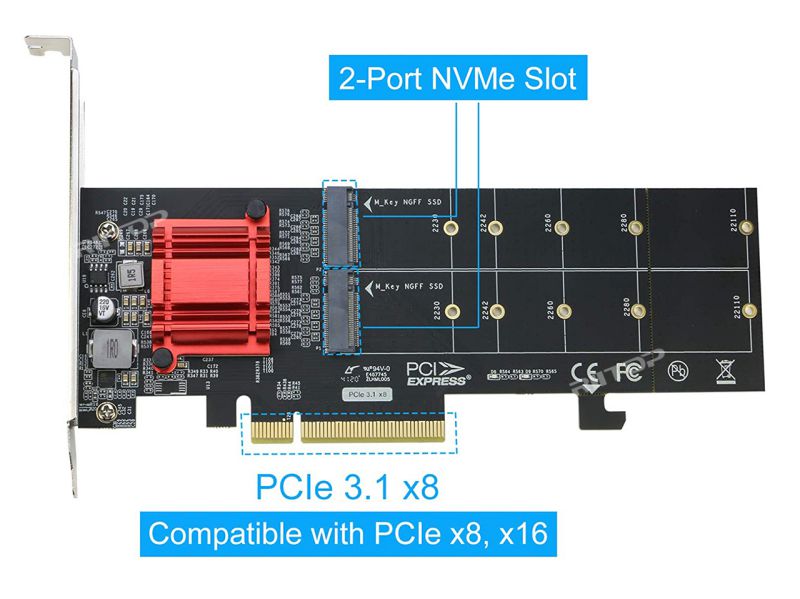 Dual NVMe PCIe Adapter, RIITOP M.2 NVMe SSD to PCI-e 3.1 x8/x16 Card Support M.2 (M Key) NVMe SSD 22110/2280/2260/2242/2230