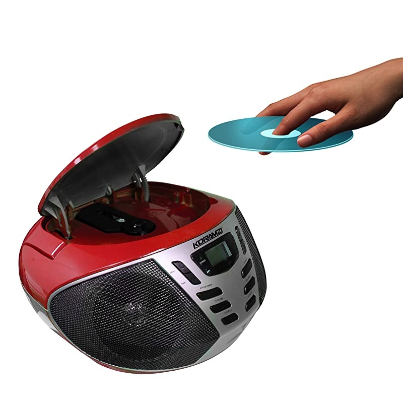 Portable CD Boombox w/AM/FM Radio,AUX IN, Top Loading CD Player,Telescopic Antenna, LCD Display for Indoor & Outdoor,Offices, Home, Restaurants, Picnics,School,Camping (Red/Silver) CD55-RDS