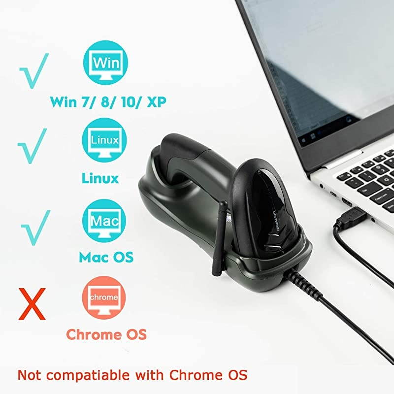 Wireless Barcode Scanner with Cradle, 2D Cordless Bar Code Reader 400m Transmission Distance CMOS Imager Read 1D, 2D, QR Code, Data Matrix, PDF417 for Windows Mac Linux