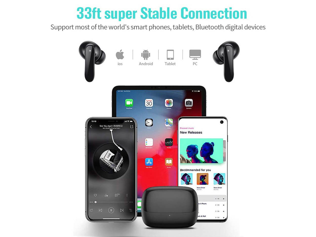 True Wireless Earbuds, S19 Bluetooth Earphones Upgraded with Built-in Microphone, 40H Play time, IPX6 Waterproof, Smart Touch Control for Gym Sport Wireless Headphone Stereo Sounds for mobilephone