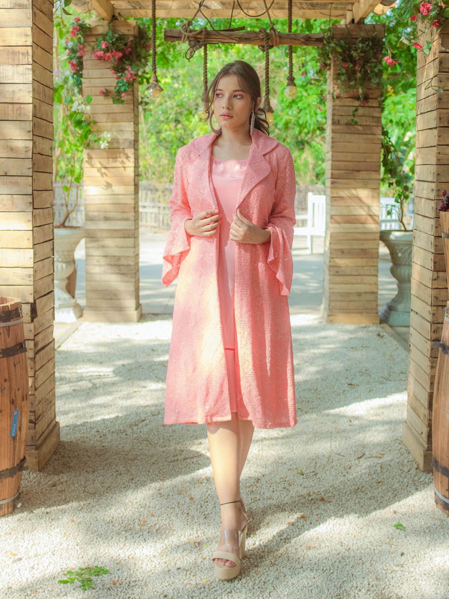 Monk and Mei Heer Dress & Chikankari Jacket- Peachy Melon
