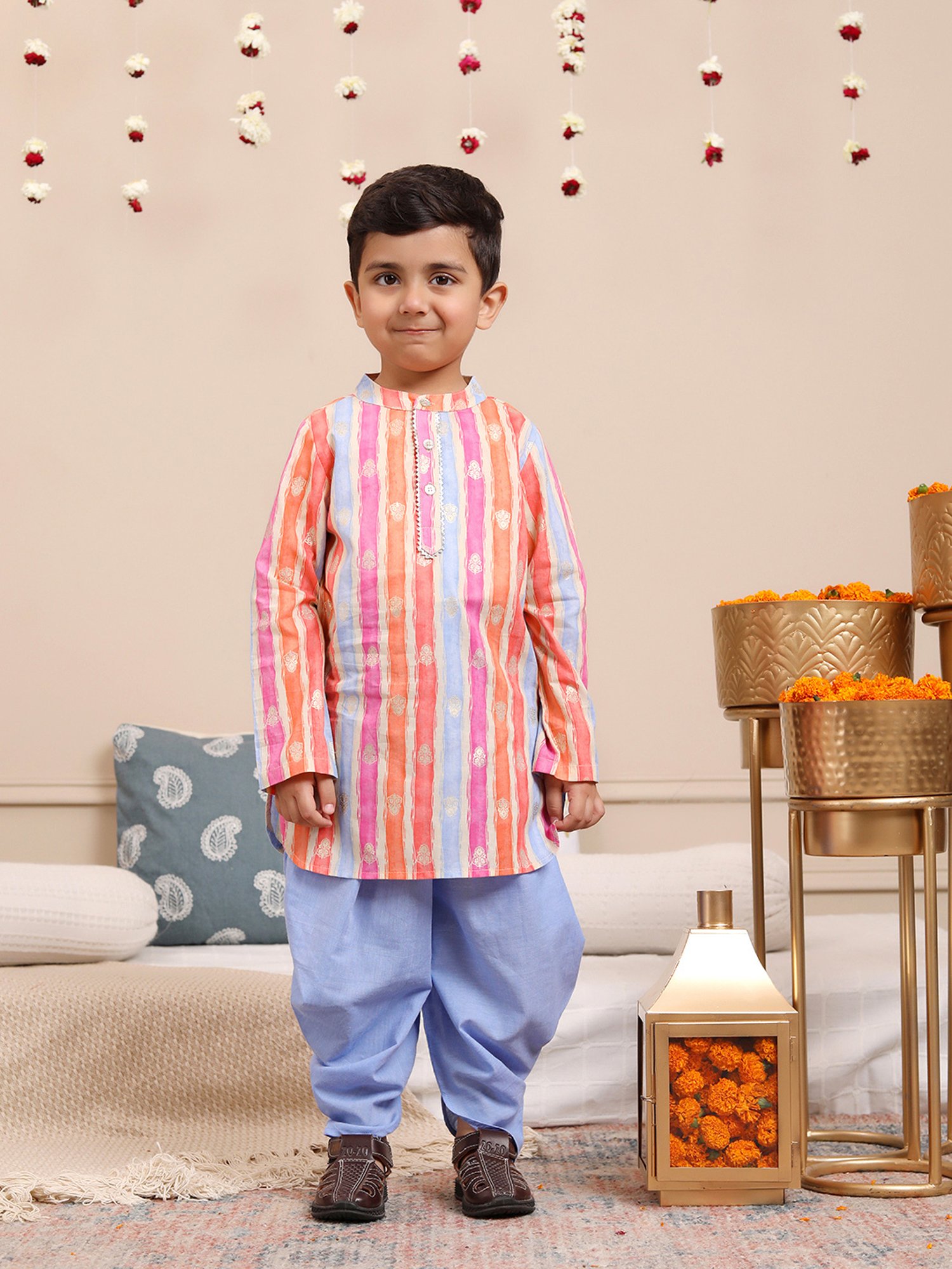 Budding Bees Boys Multicolor Striped Full Sleeves Kurta with Dhoti