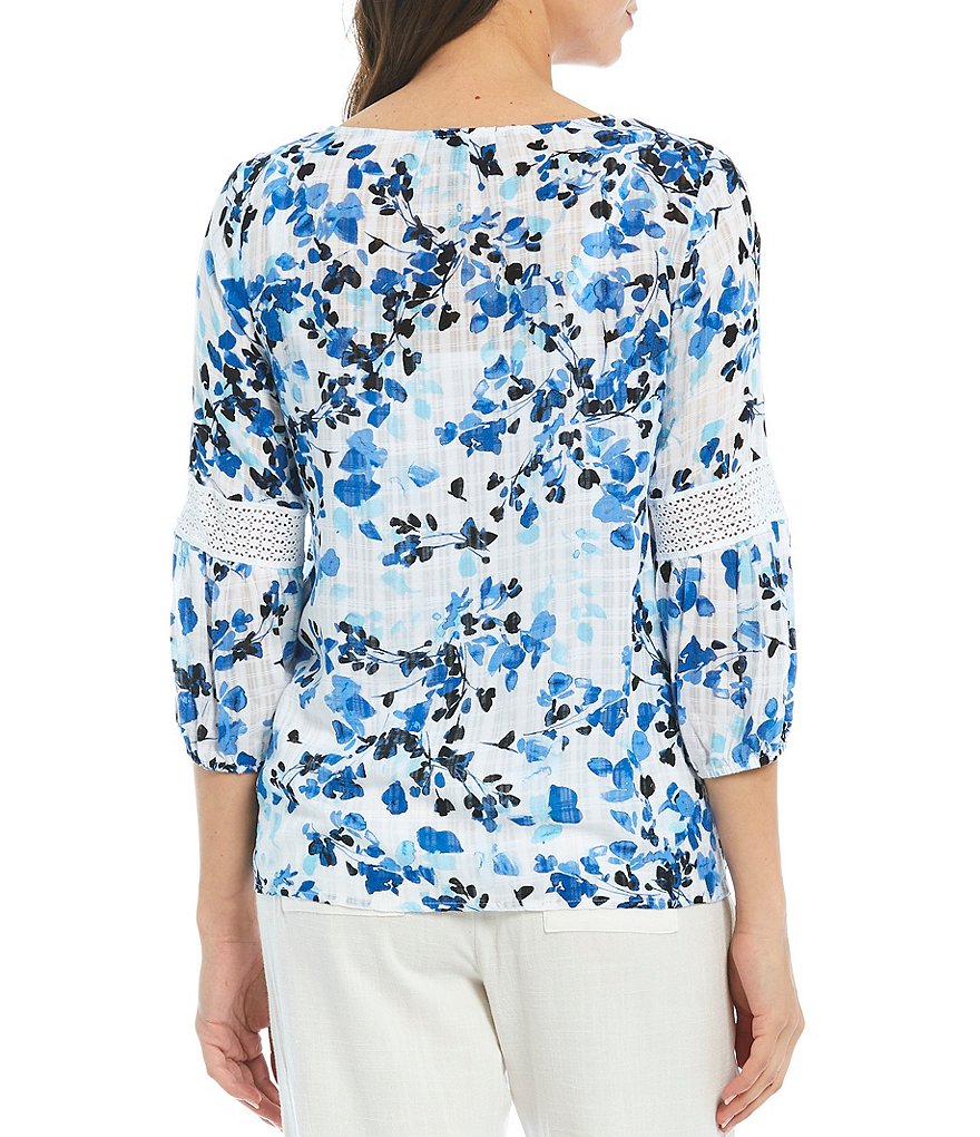 I.N. Studio Floral Print Tassel Tie V-Neck Detail Crochet Band 3/4 Sleeve Top