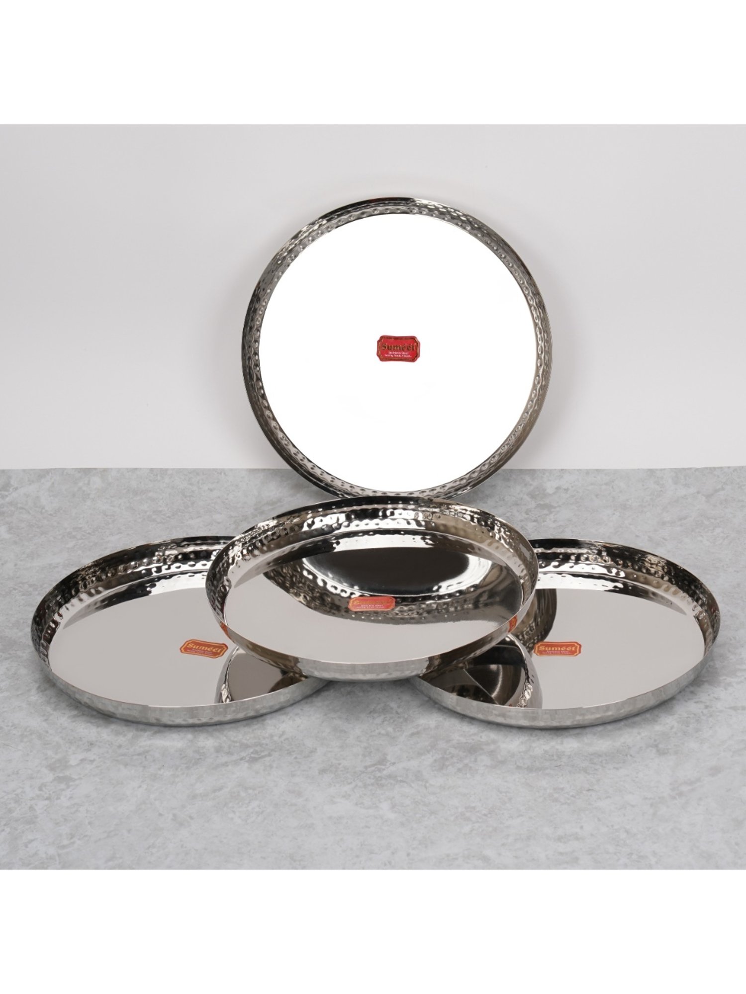 Sumeet S.S.Handcrafted Hammered Texture Heavy Gauge Mirror Finish Royal Dinner Plate set-4pc,29.5cm
