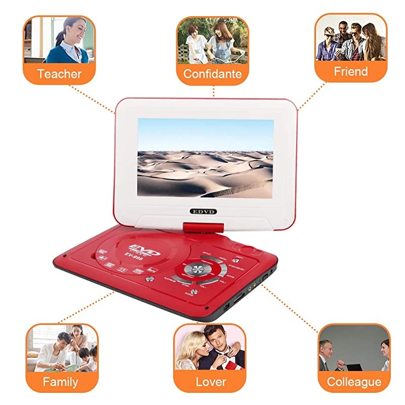 98 Portable DVD Player Supports SD CardUSB PortCDDVD Rede Controller2 Hour Rechargeable Battery 9 EyeProtective Screen Support AVinOutRegion Free Red