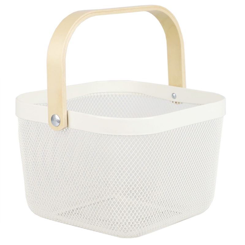 Home Basics Mesh Wire Basket with Wood Handle, Ivory