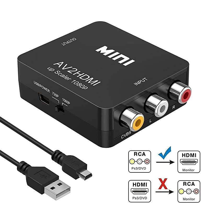 RCA to HDMI Converter,  1080P RCA Composite CVBS AV to HDMI Video Audio Converter Adapter Compatible with N64 Wii PS2 Xbox VHS VCR Camera DVD, Support PAL/NTSC with USB Power Cable