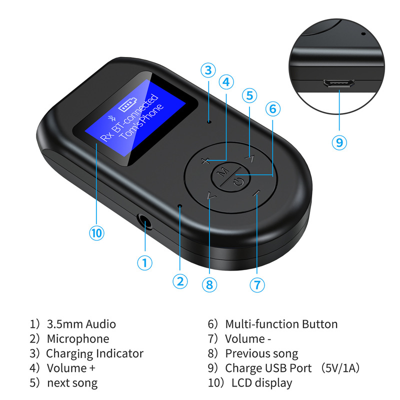 2 IN 1 LCD Display Bluetooth 5.0 Wireless Audio Transmitter Receiver Adapter Dongle 3.5MM AUX with Mic Handfrees Calling For Car TV PC Speaker