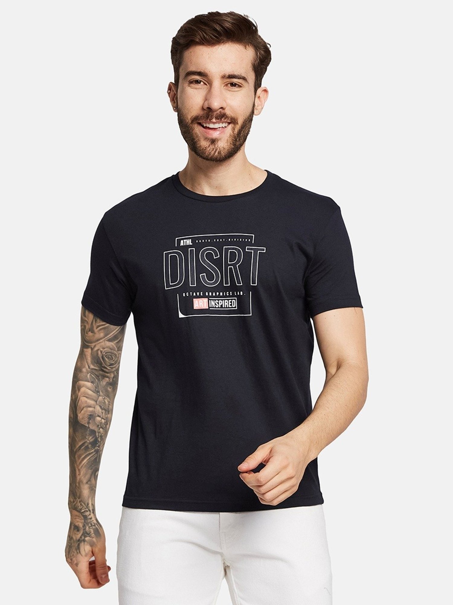 Octave Navy Cotton Regular Fit Printed T-Shirt