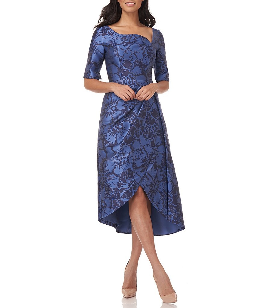 Kay Unger Long Bishop Sleeve V-Neck Crepe A-Line Dress