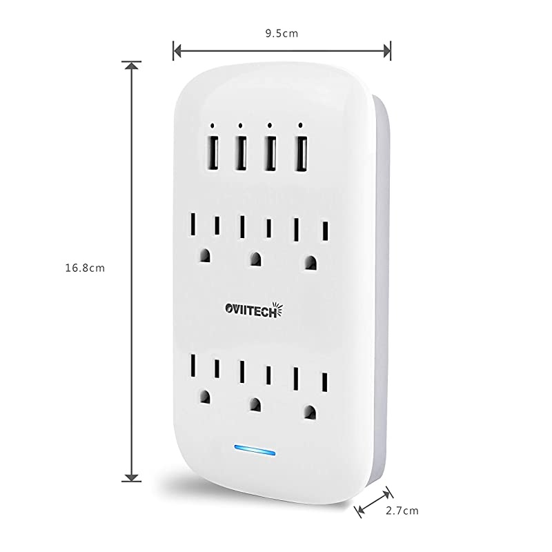 6 Outlet Extender with 4 USB Charging Ports42A TotalWall Mount Outlet Plugs 900 Joules Wall Surge Protector And Top Phone HolderETL ListedWhite