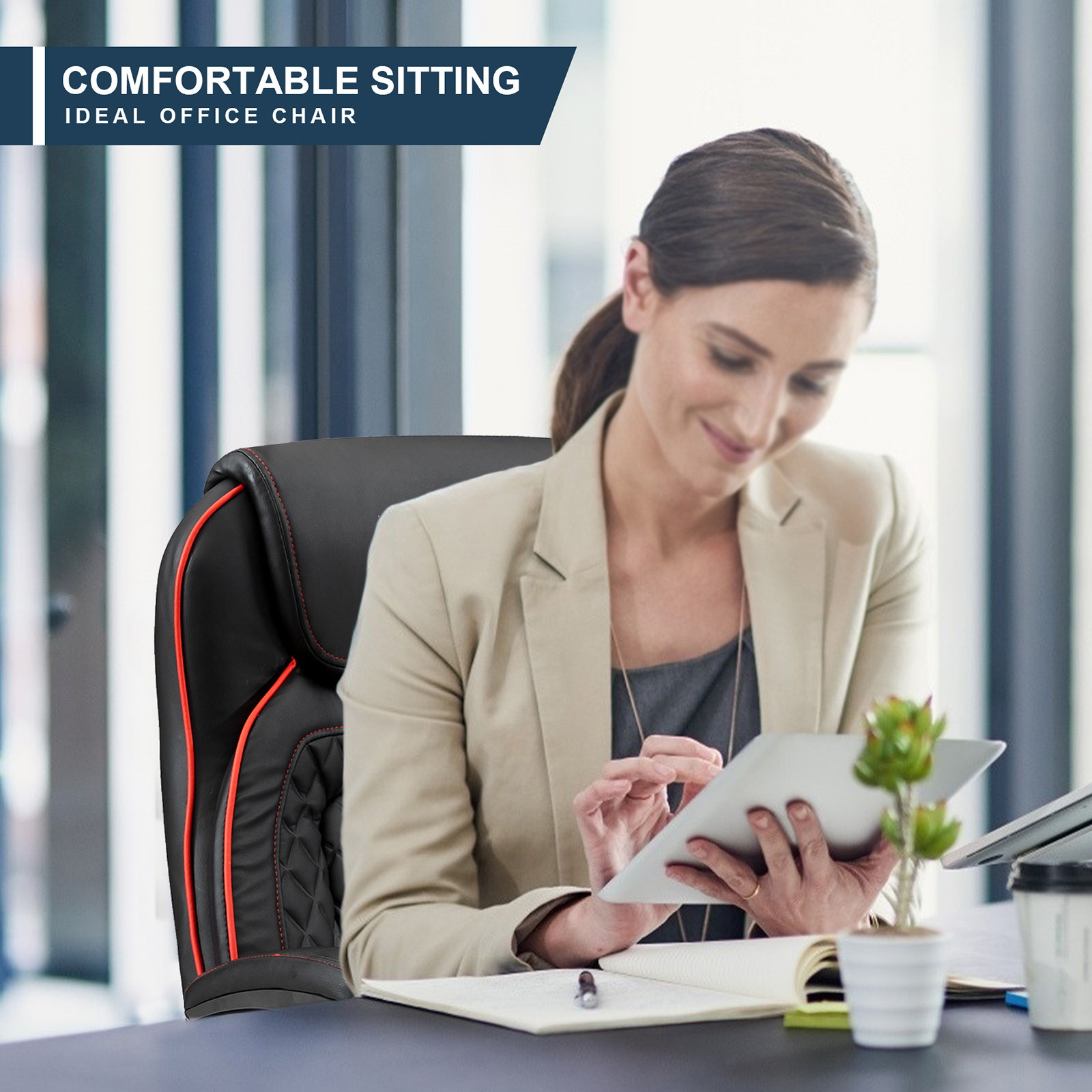 YOUTHUP Office Chair Adjustable Ergonomic Leather Office Chair Swivel Rolling Computer Desk Chair with Lumbar Support,Black