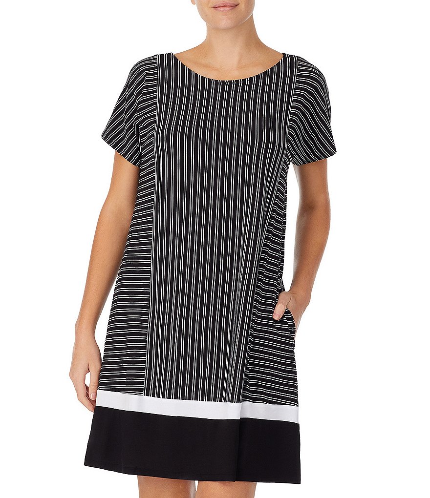 Donna Karan Sleepwear Striped Print Jersey Knit Short Sleeve Sleepshirt