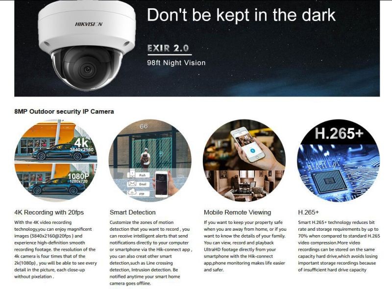 Hikvision New Original English version Dome IP POE DS-2CD2185FWD-IS 8MP Outdoor H.265 Updatable CCTV Camera With Audio and Alarm Interface security Camera, (8MP, 2.8 Fixed Lens, 2Pcs)