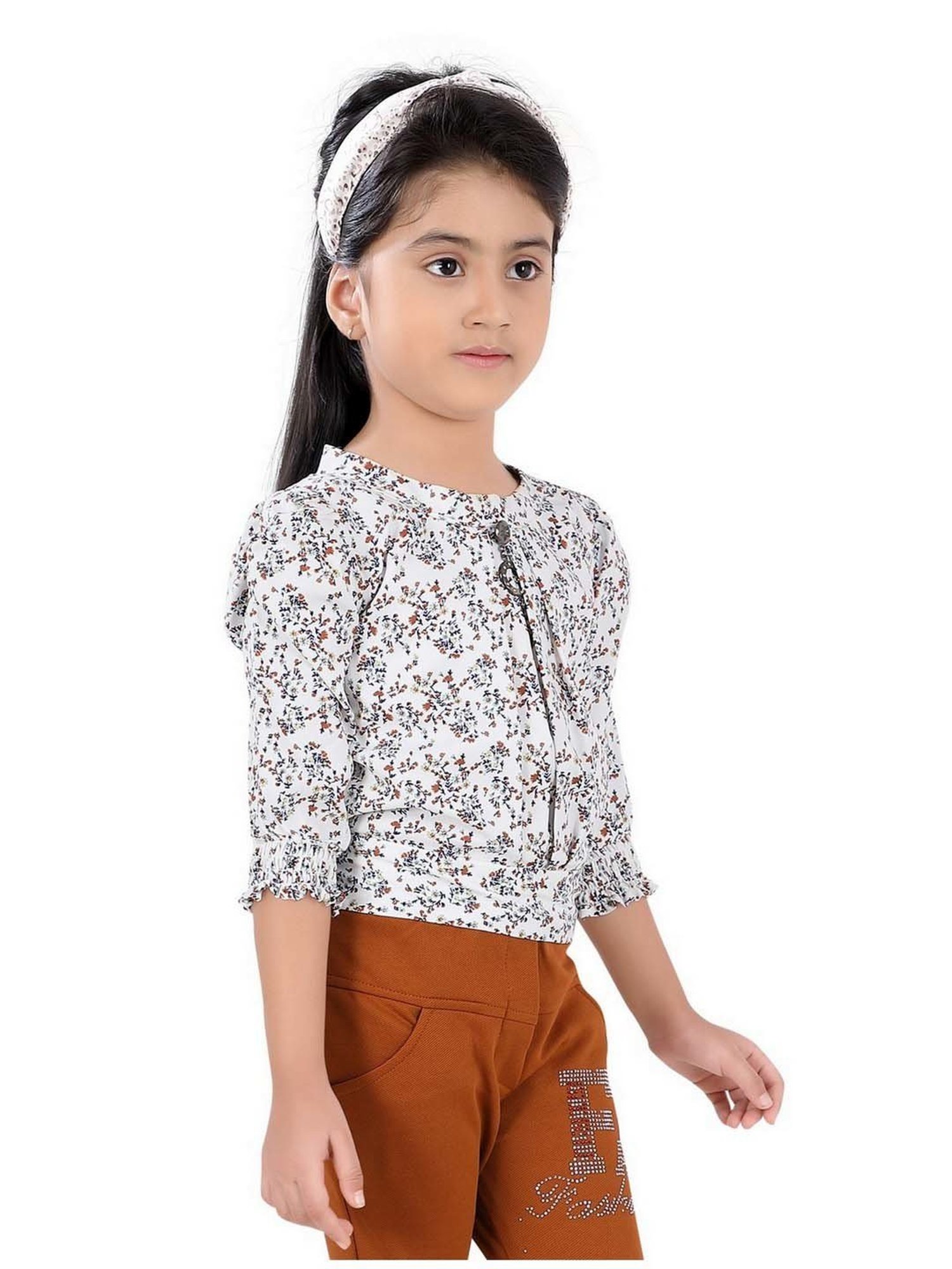 poplins Kids Brown & White Cotton Floral Print Top
