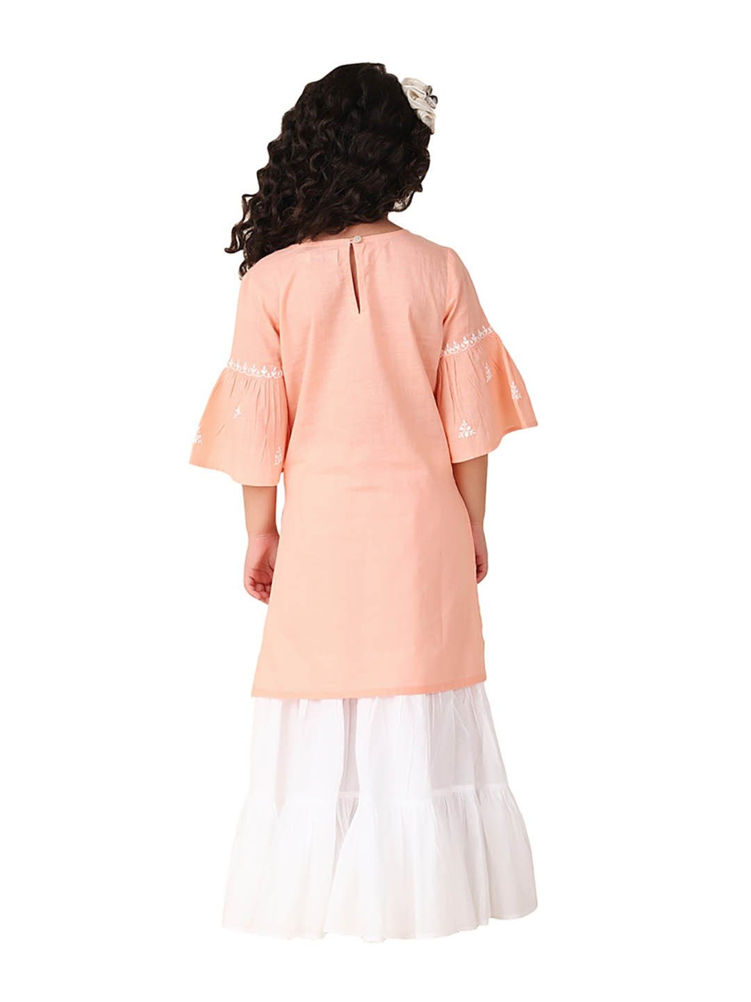 Fabindia Kids Peach & White Embroidered Kurta, Sharara with Dupatta