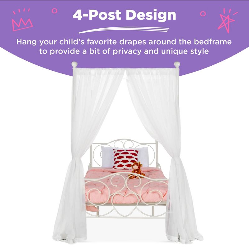 Best Choice Products 4-Post Metal Canopy Twin Bed Frame w/ Heart Scroll Design, 14 Slats, Headboard, Footboard - White