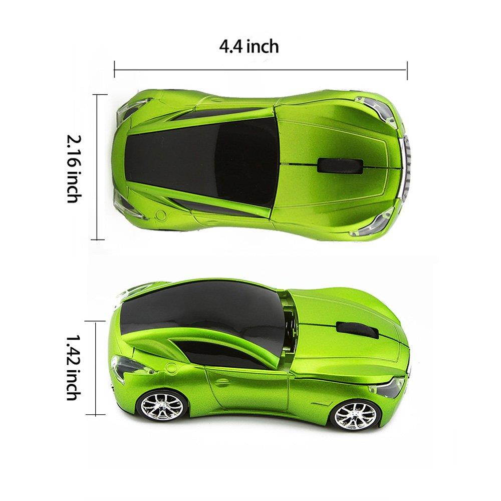 Usbkingdom Cool Sport Car Shape 2.4GHz Wireless Mouse Optical Cordless Mice with USB Receiver for PC Laptop Computer 1600DPI 3 Buttons Green