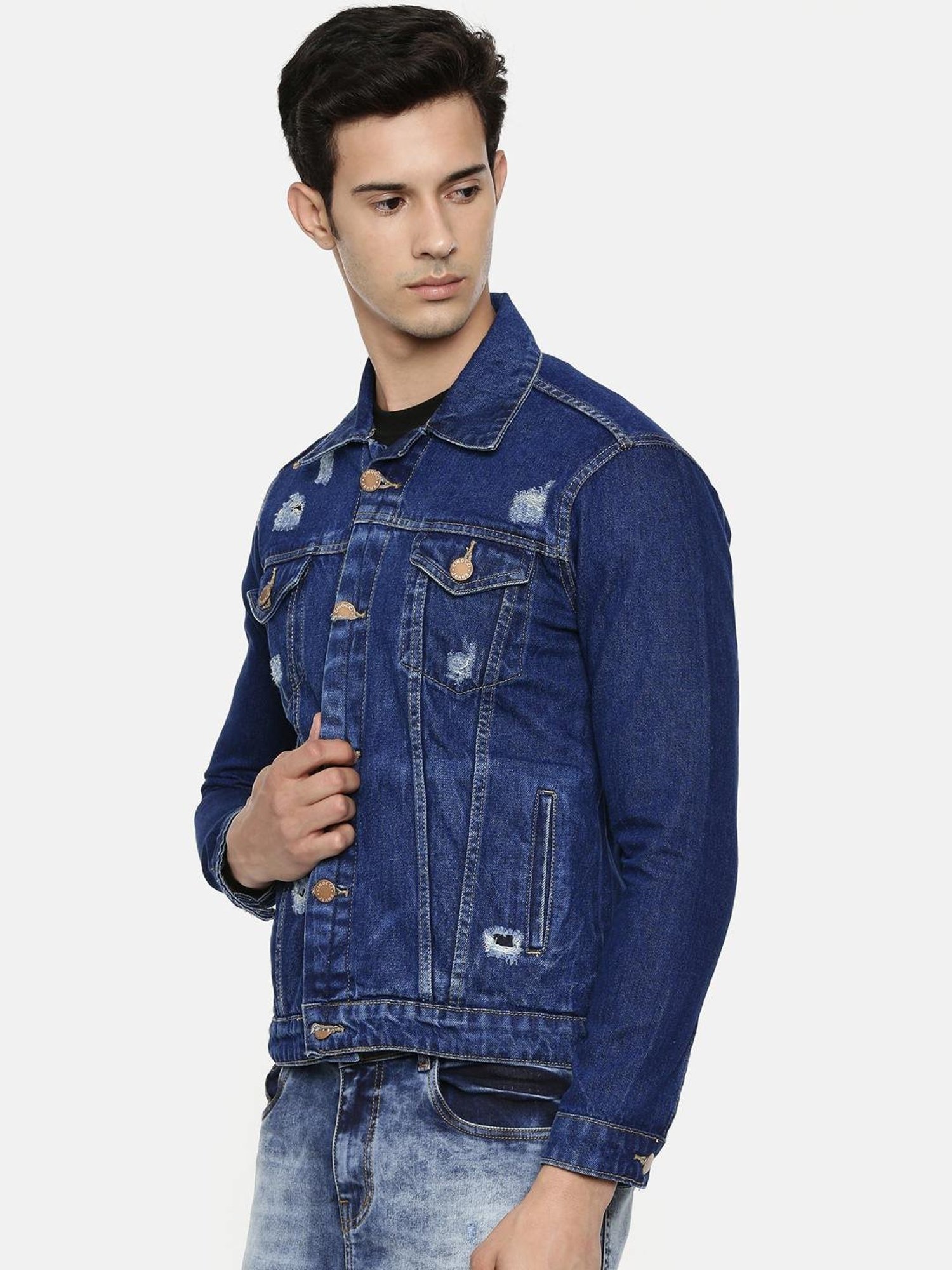CINOCCI Blue Cotton Slim Fit Distressed Denim Jacket
