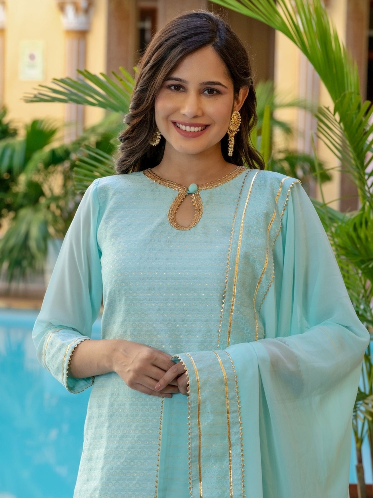 HOUSE OF JAMOTI Blue Woven Pattern Kurti Sharara Set With Dupatta