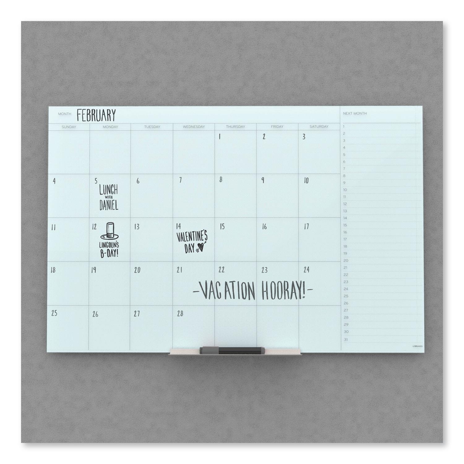 Floating Glass Dry Erase Undated One Month Calendar, 36 x 24, White 3967U0001