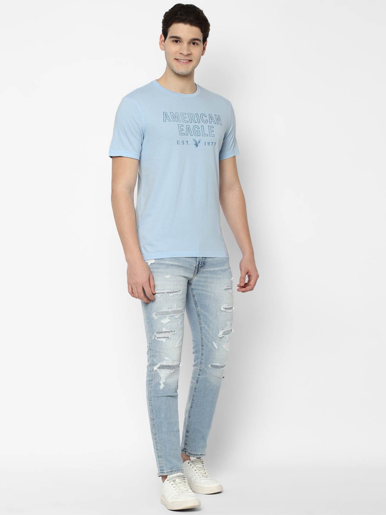 American Eagle Outfitters Light Blue Cotton Regular Fit Printed T-Shirt