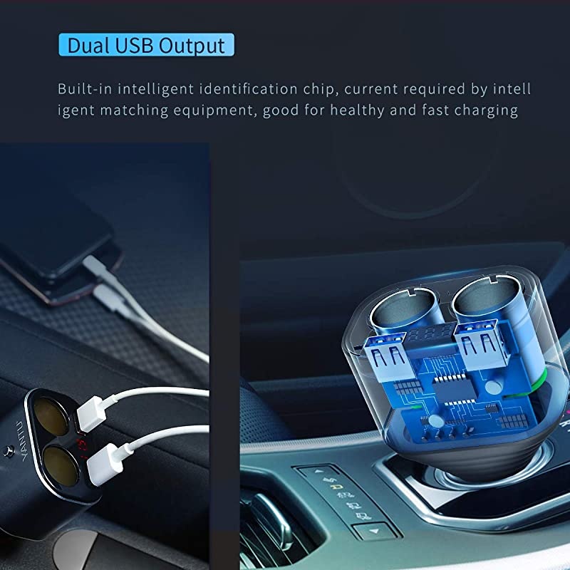 Cigarette Lighter SplitterDual USB Car ChargerLED Voltage Display2 Sockets12V Car Splitter Adapter for iPhone iPad Samsung GPS Dashcam Replaceable fus