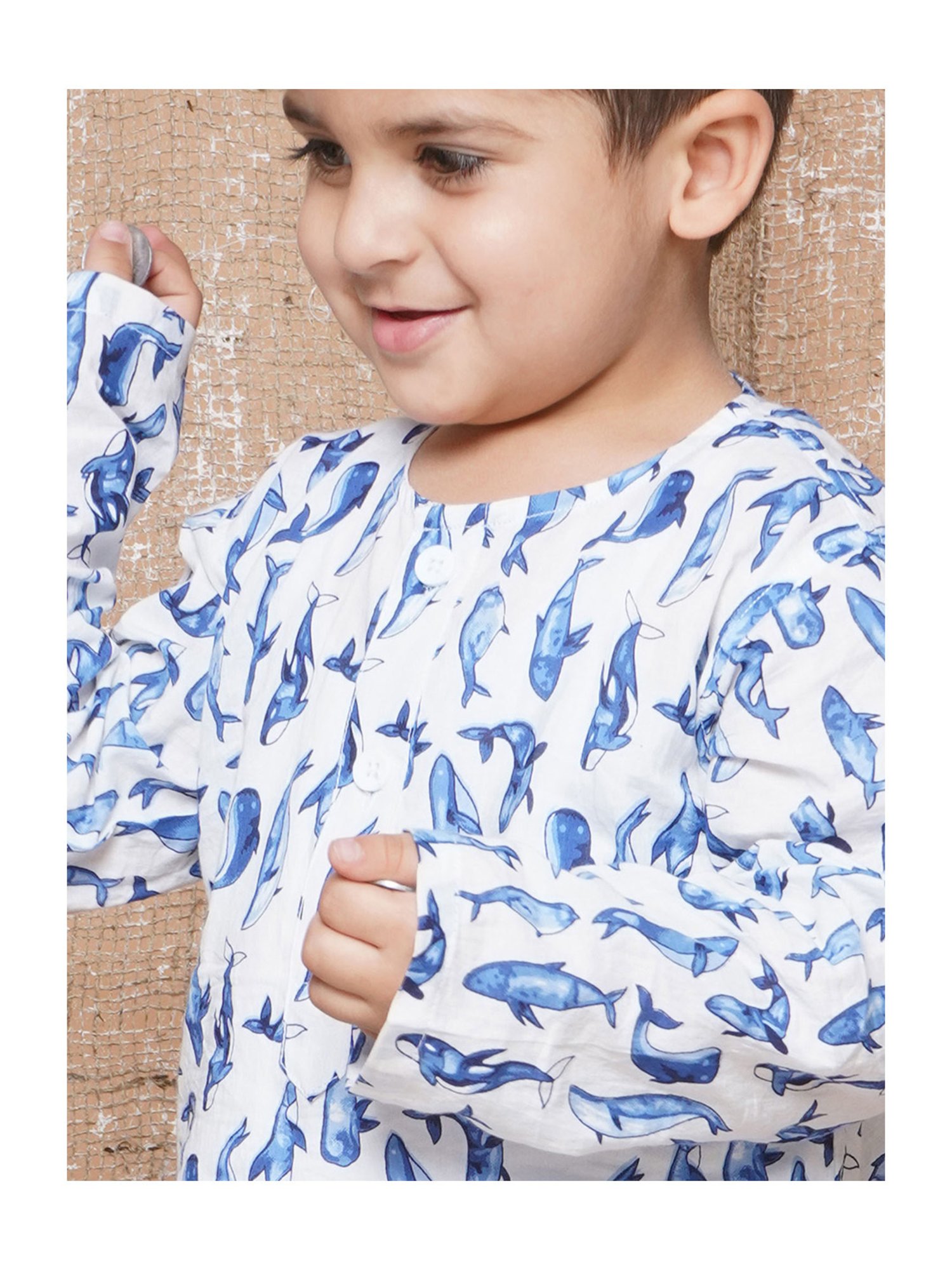 AJ Dezines Kids White & Blue Printed Full Sleeves Kurta with Dhoti