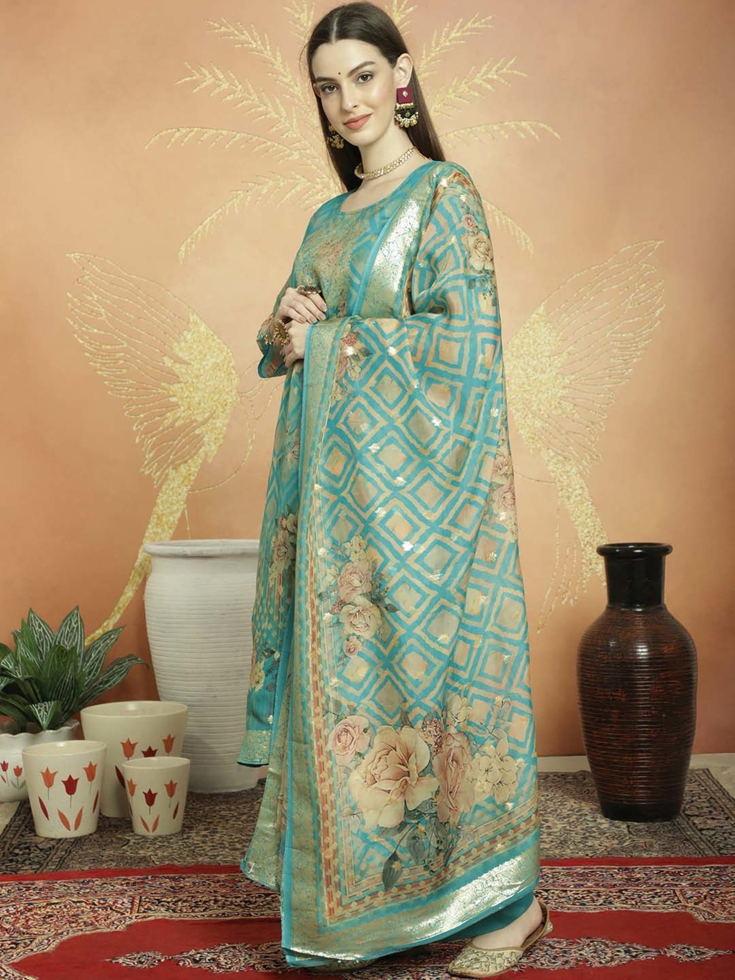 Stylee LIFESTYLE Turquoise Woven Unstitiched Dress Material