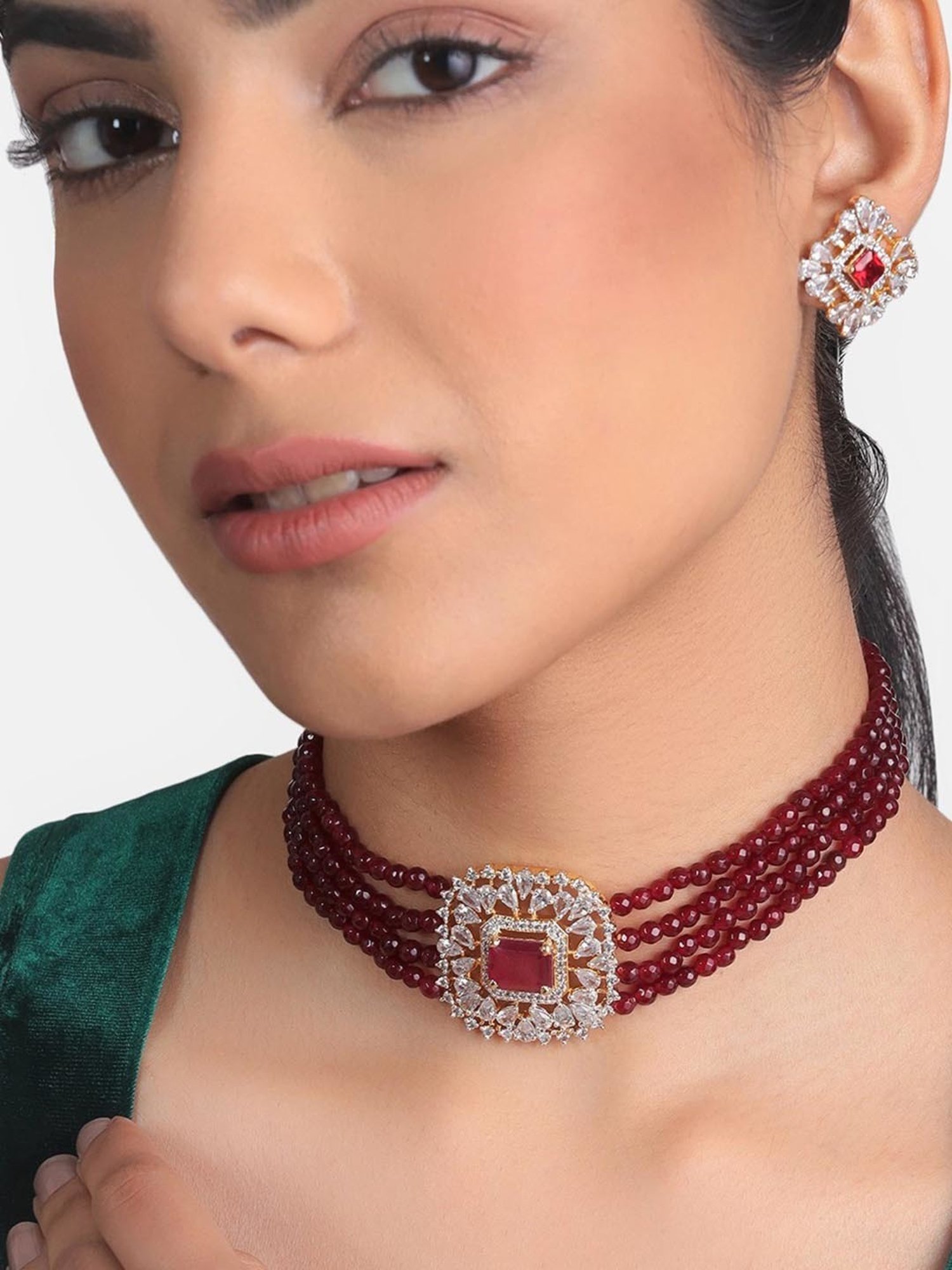 Estele Gold-Plated CZ Ruby And Red Beads Choker Square Necklace Set For Women