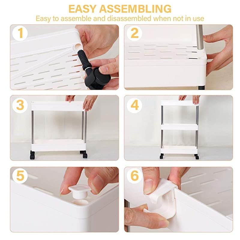 3 Tier Slim Storage Cart Mobile Shelving Unit Organizer Slide Out Storage Rolling Utility Cart Tower Rack for Kitchen Bathroom Laundry Narrow Places Plastic amp Stainless Steel White