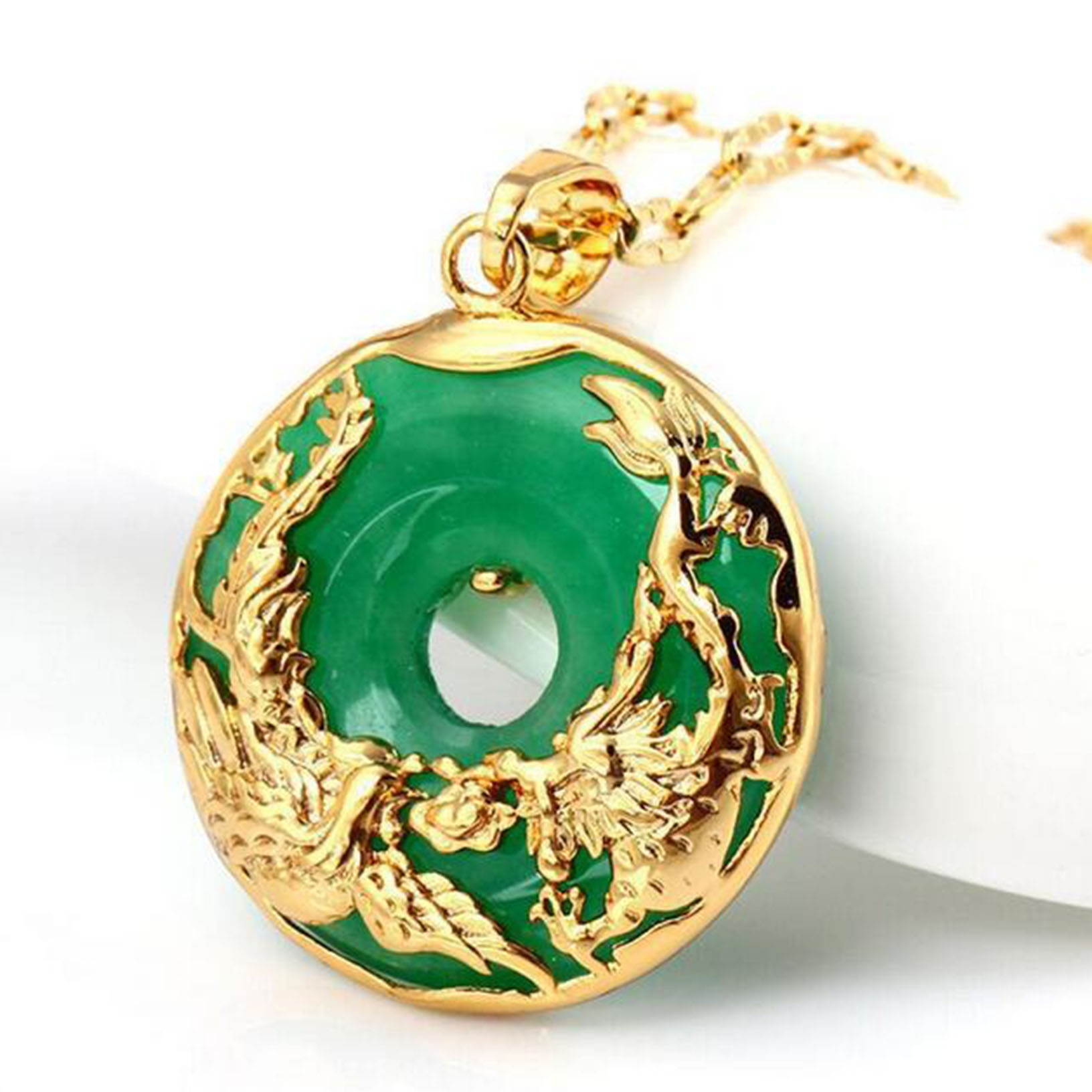 New Gold Plated Dragon Phoenix Pendant Malaysia Jade Jewelry Chain Necklace US