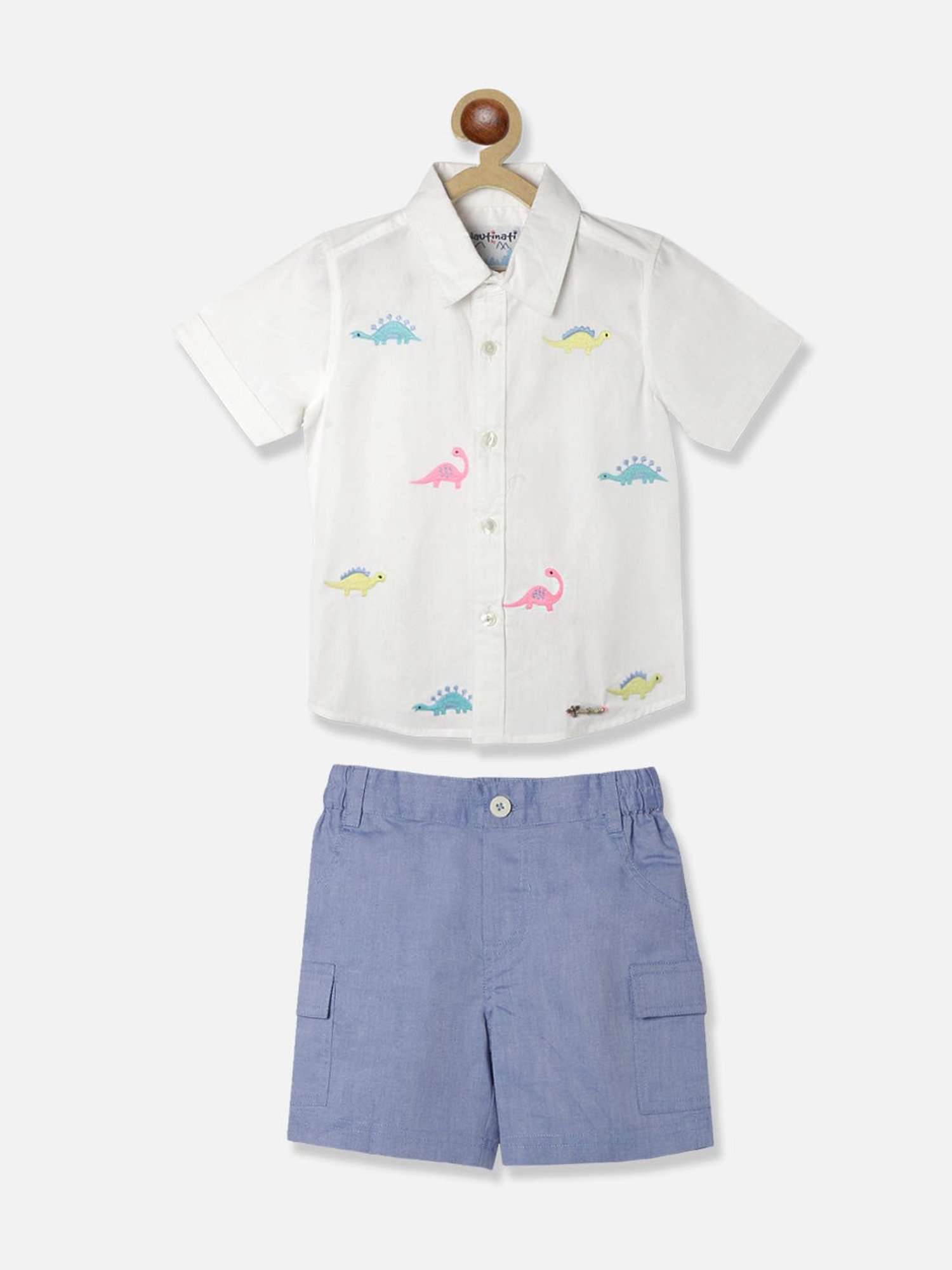 Nauti Nati Kids White & Blue Printed Shirt with Shorts