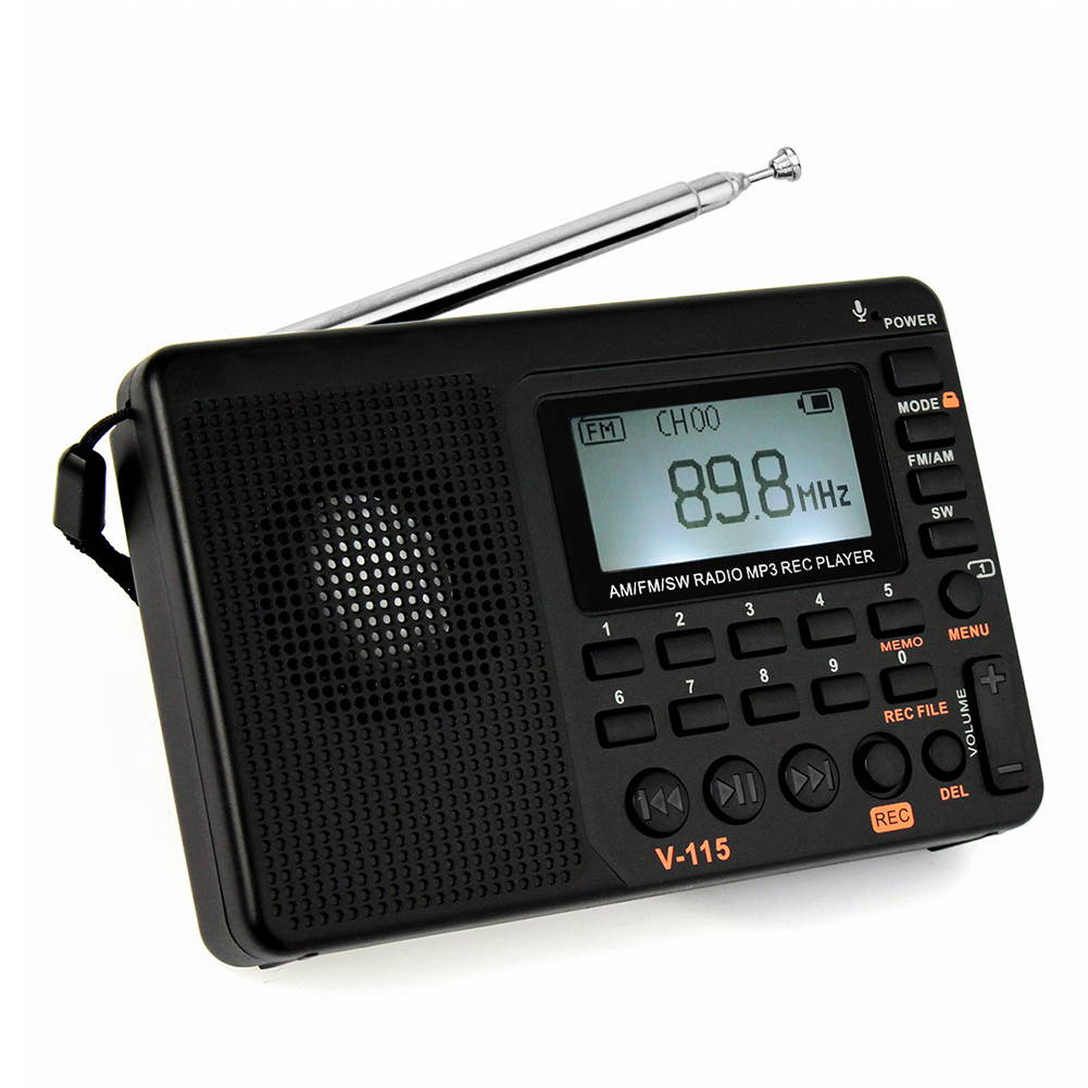 V-115 Portable AM FM Radio with Shortwave Radio MP3 Player Digital Recorder Sensitive Full Band Sleep Timer Support TF Card Sleep Timer and Rechargeable Battery (Black)