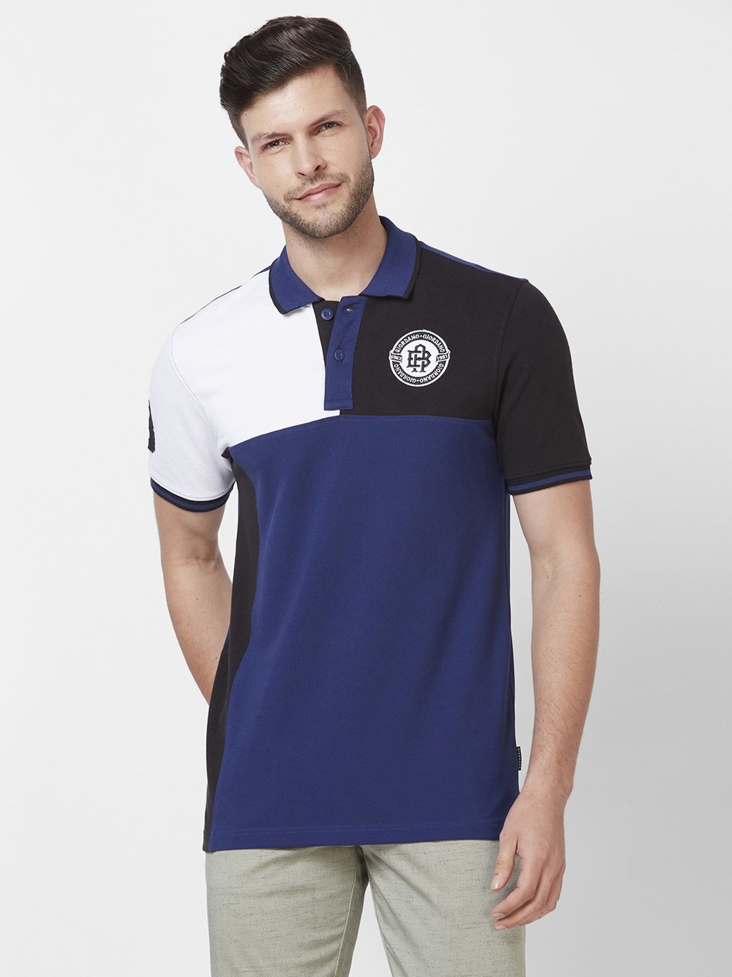 Giordano Navy Blue Cotton Slim Fit Colour Block Polo T-Shirt