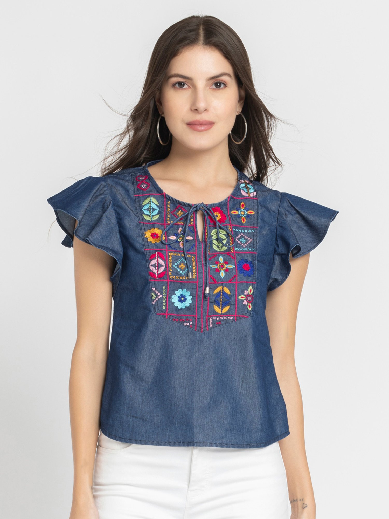 SHAYE Blue Denim Embroidered Top