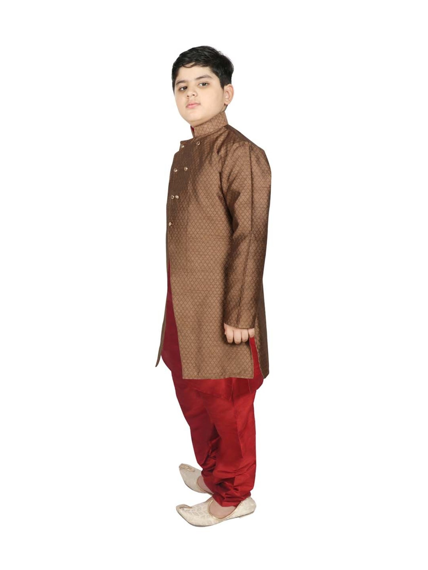SG Yuvraj Kids Brown & Maroon Textured Pattern Full Sleeves Kurta Set