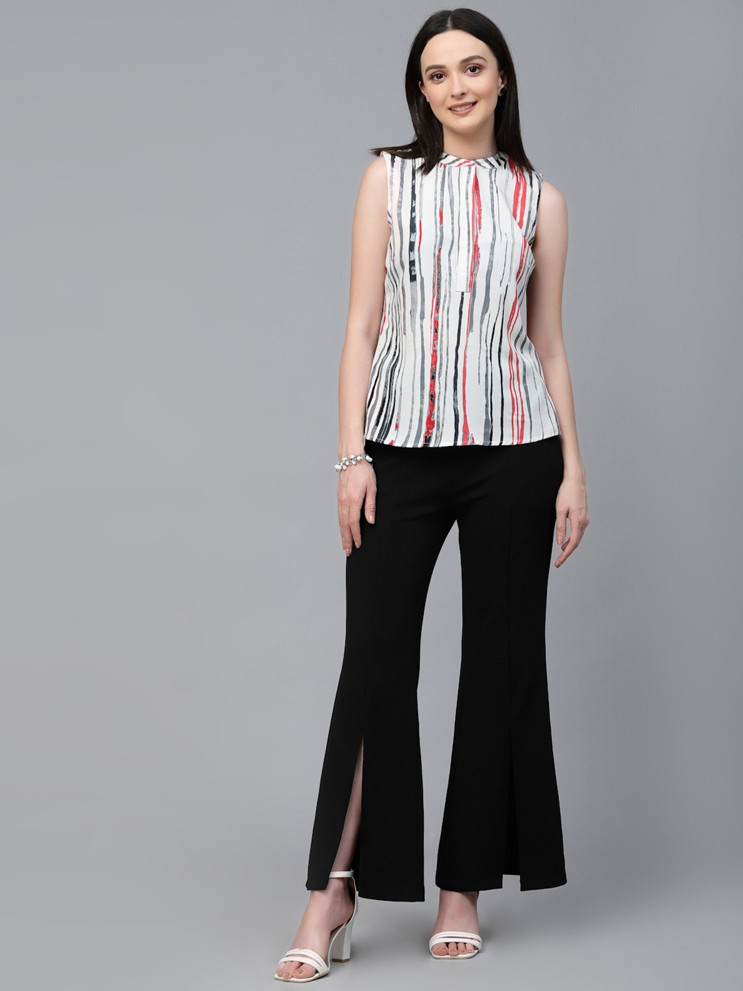 Style Quotient Women Off White And Multi Stripe Polyester Regular Smart Casual Sleeveless Top