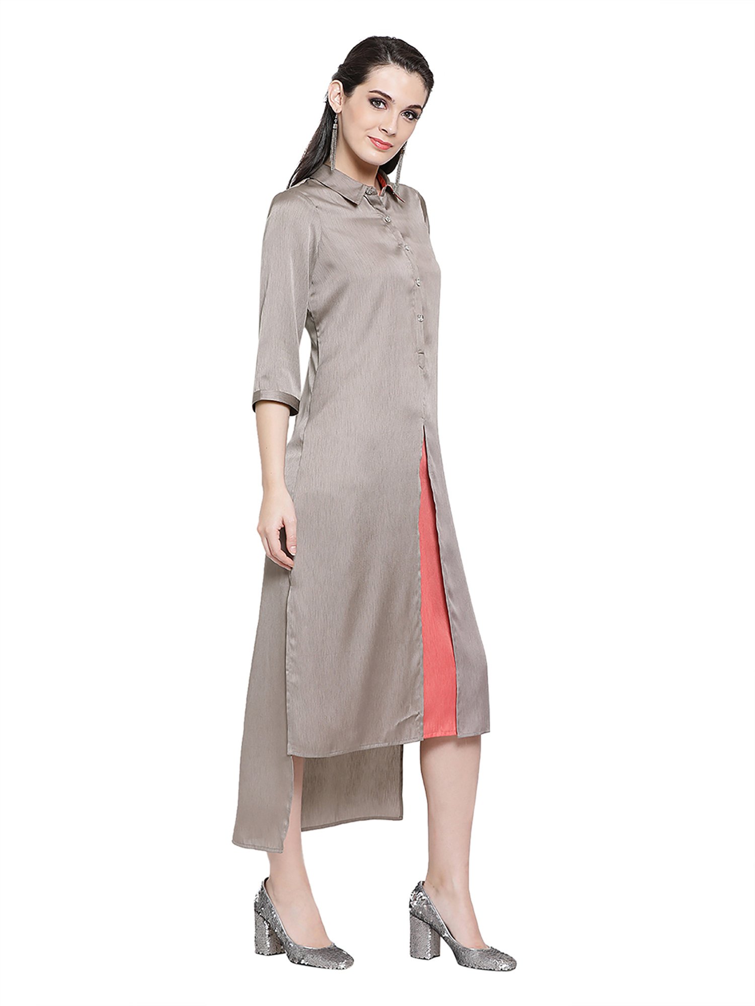 Office & You Grey & Peach Asymmetrical Dress With Slit