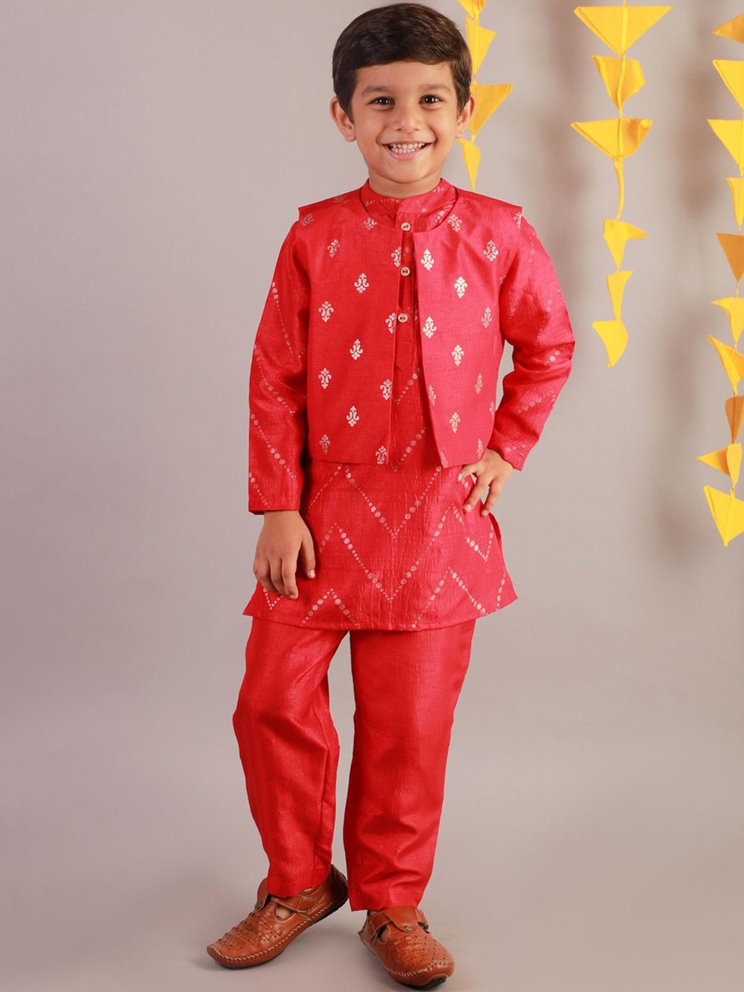 Lil Drama Kids Red Printed Full Sleeves Kurta Set