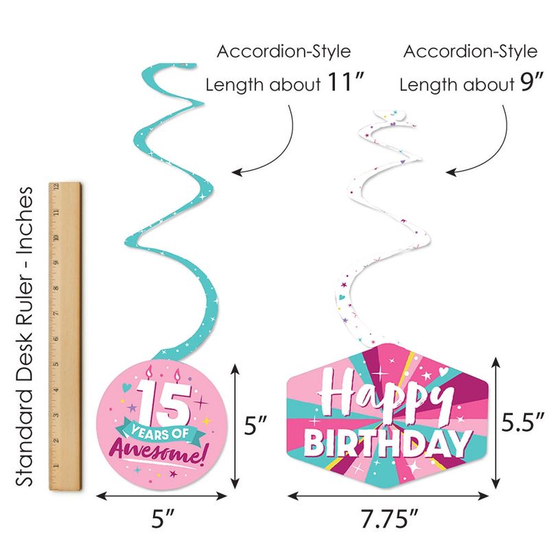 Big Dot of Happiness Girl 15th Birthday - Teen Birthday Party Hanging Decor - Party Decoration Swirls - Set of 40