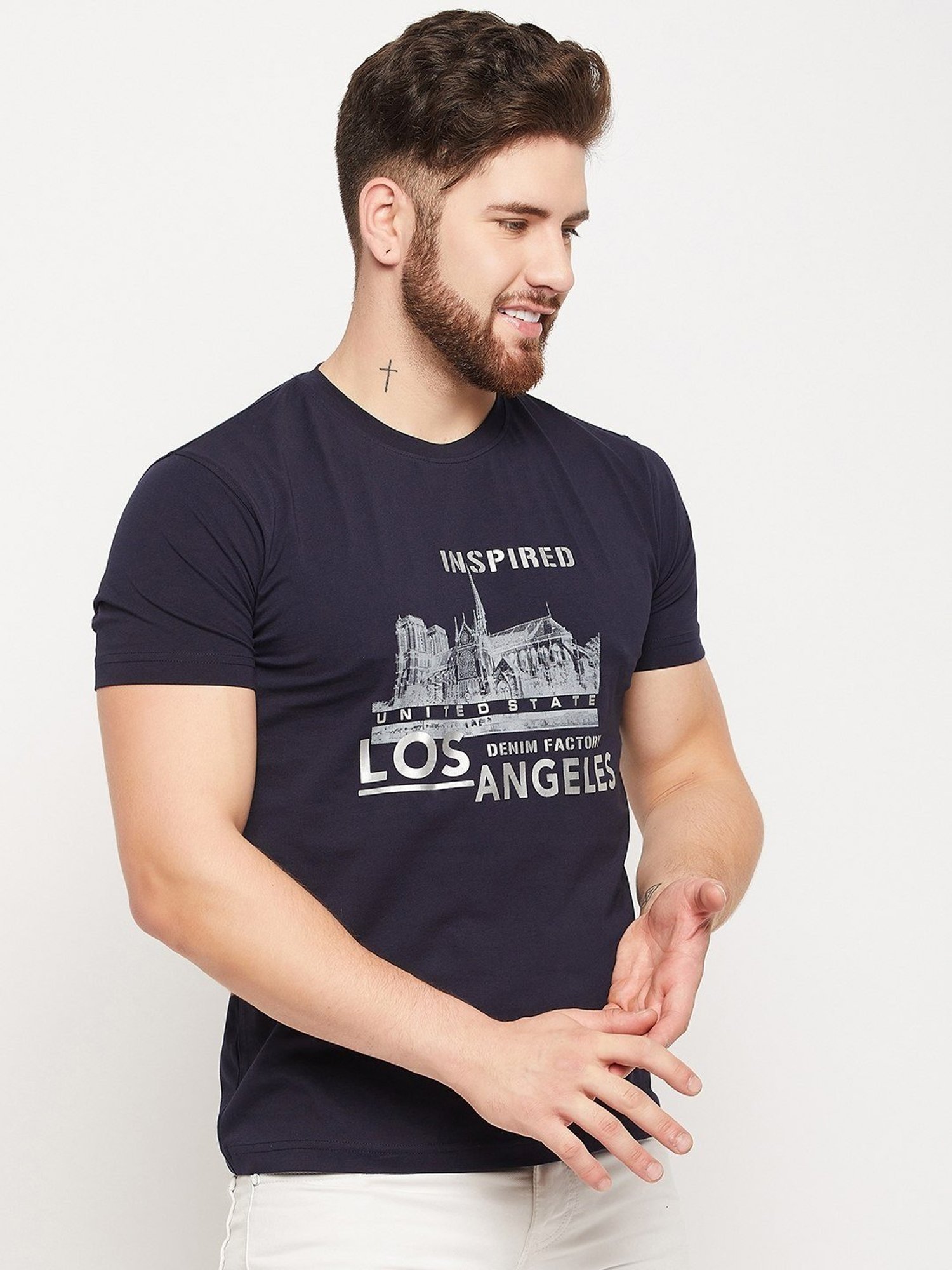 Cantabil Navy Cotton Regular Fit Printed T-Shirt
