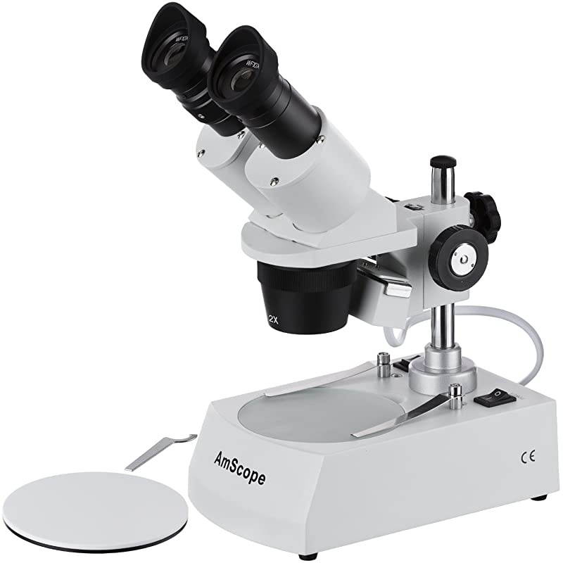 SE306R-P20 Forward-Mounted Binocular Stereo Microscope, WF20x Eyepieces, 40X and 80X Magnification, 2X and 4X Objectives, Upper and Lower Halogen Lighting, Reversible Black/White Stage Plate, Pillar