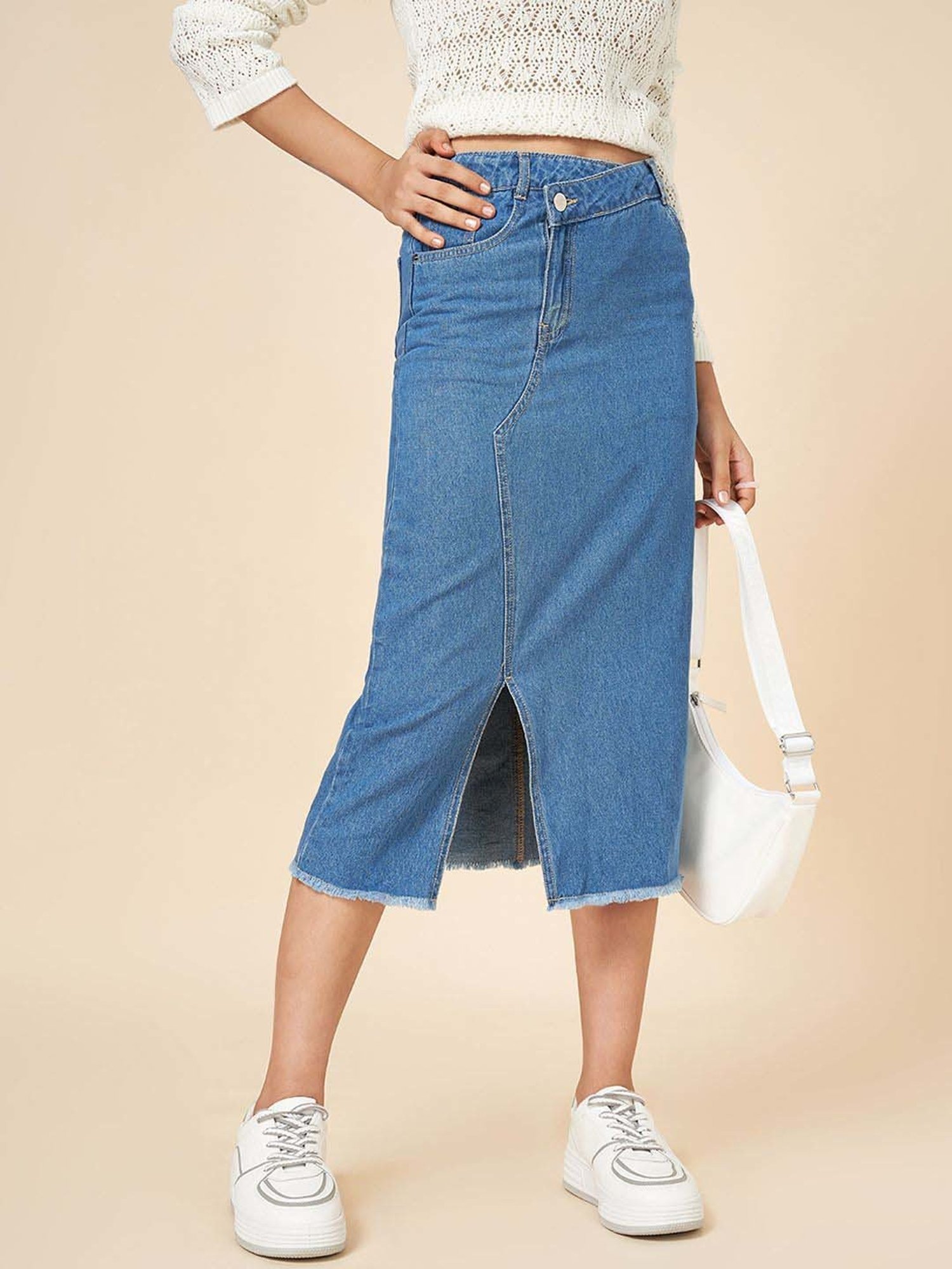 Coolsters by Pantaloons Girls Faded Denim Cotton Solid Skirts