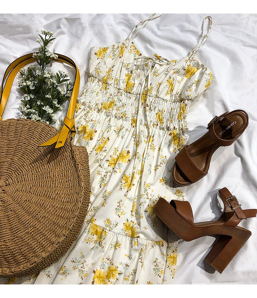 WAYF Smocked Waist Square Neck Midi Dress