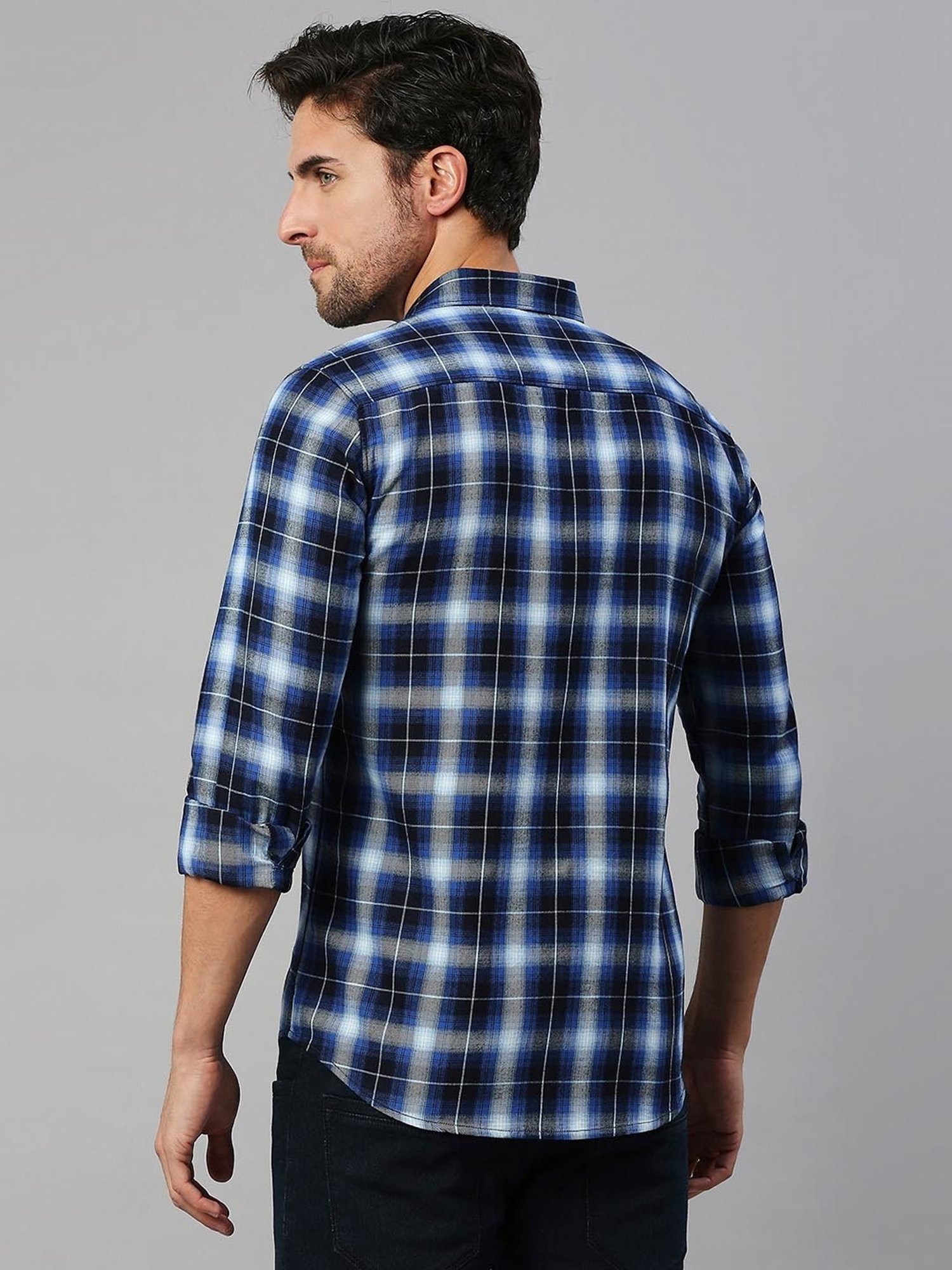 SOLEMIO Navy Slim Fit Check Cotton Shirt