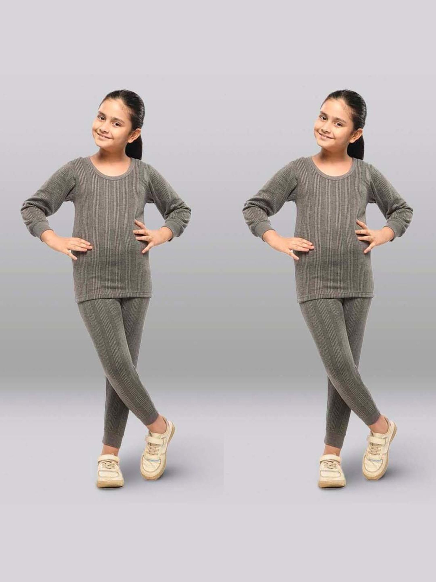 Dyca Kids Grey Melange Textured Thermal Top (Pack Of 2)
