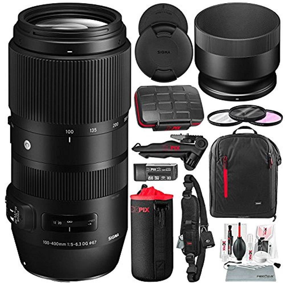Sigma 100-400mm f/5-6.3 DG OS HSM Contemporary Lens for Nikon F with Xpix Sturdy Tripod, Camera Cleaning Kit, & Deluxe Photo Bundle