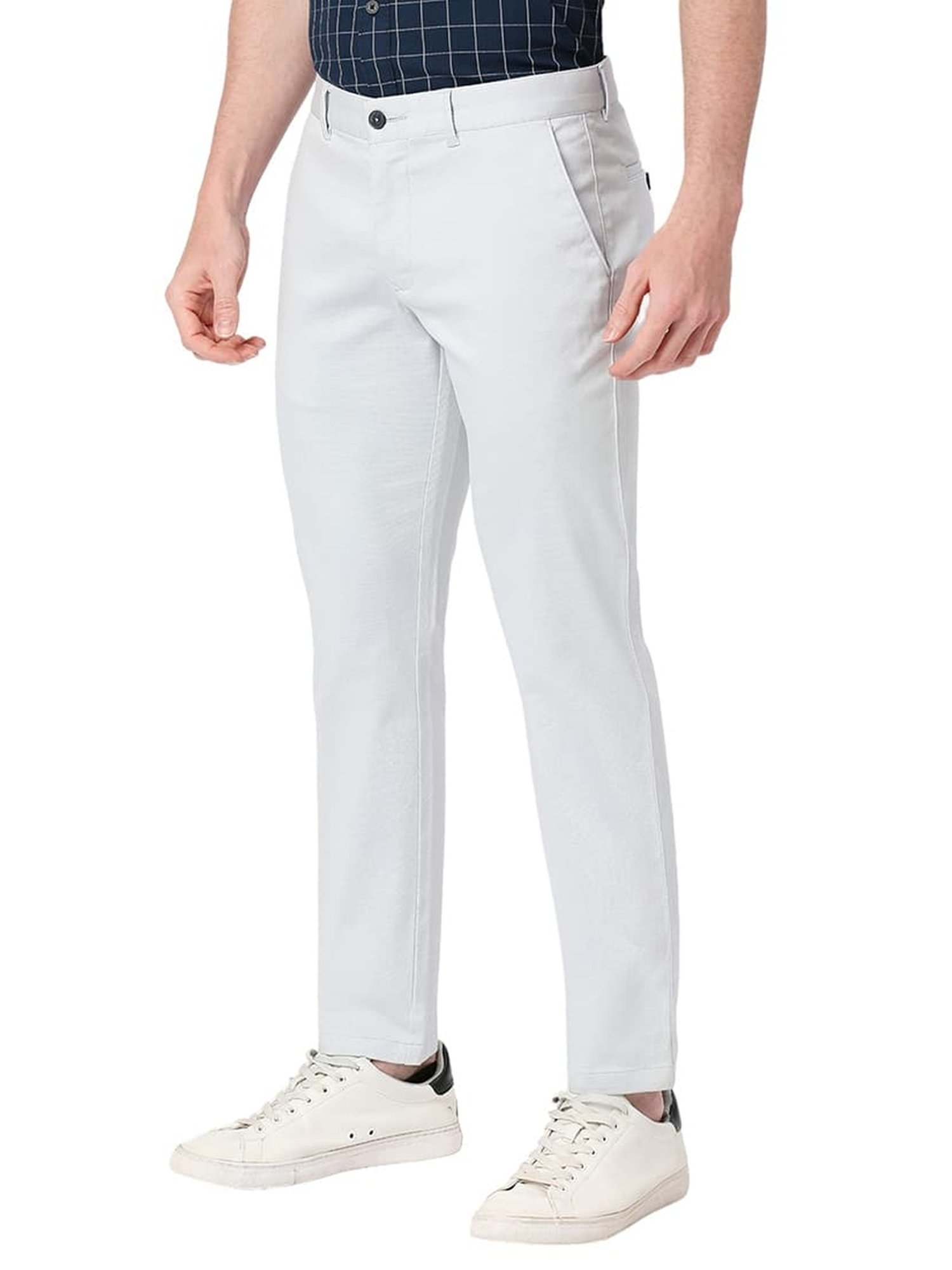 Basics Light Blue Cotton Tapered Fit Texture Trousers